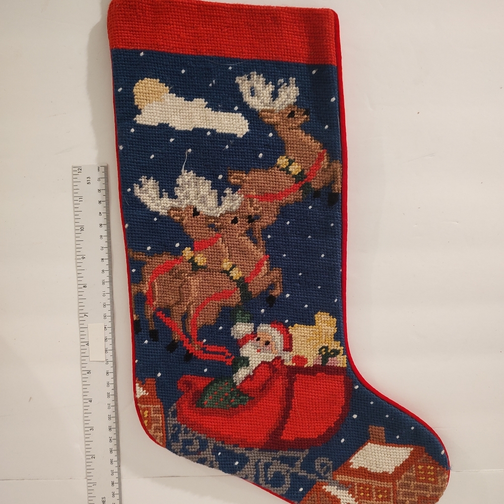 Vintage Needlepoint Santa and Sleigh Stocking